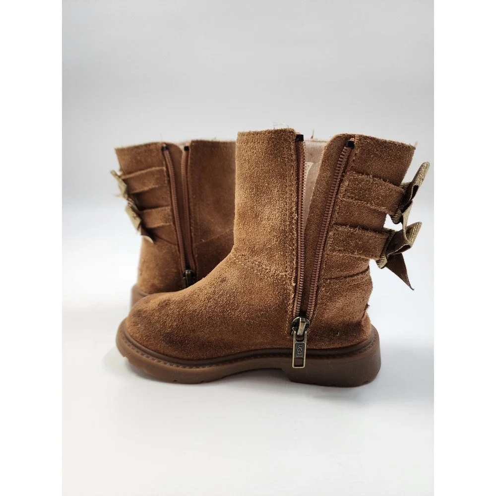 UGG Kids Suede Boots Chestnut Brown Double Gold Star Bows Side Zip Boots